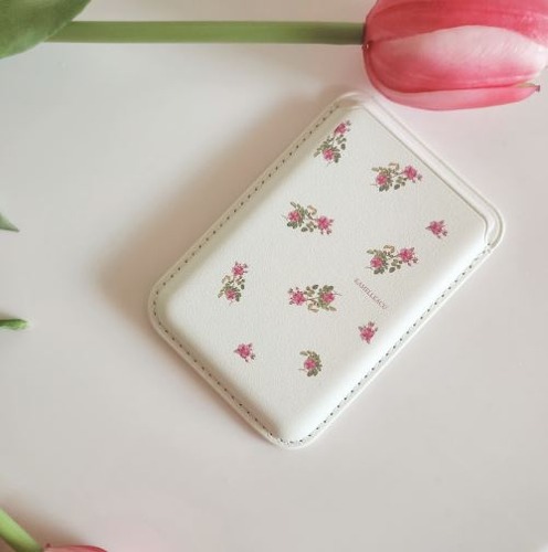 카멜카쿠 장미꽃 패턴 인조가죽 카드지갑 화이트 핑크